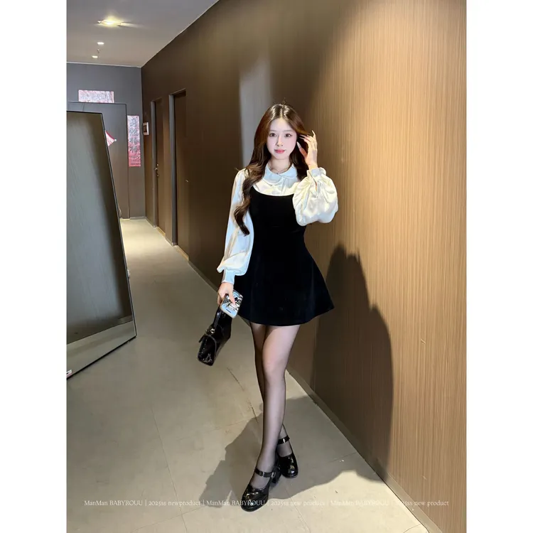 温与柔蔓蔓【羽光絮语】法式赫本风收腰显瘦衬衫黑色吊带裙套装