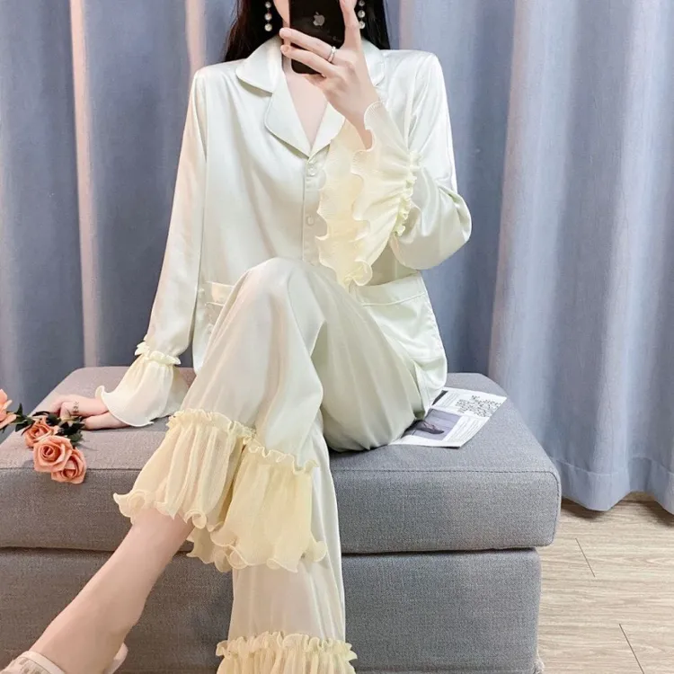 【带胸垫】水光绸法式甜美睡衣女春秋长袖夏季薄款冰丝家居服套装