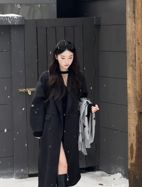 COCO YVONNE韩板正肩袖无垫肩巨显瘦加厚高奢面料超长绵羊毛大衣