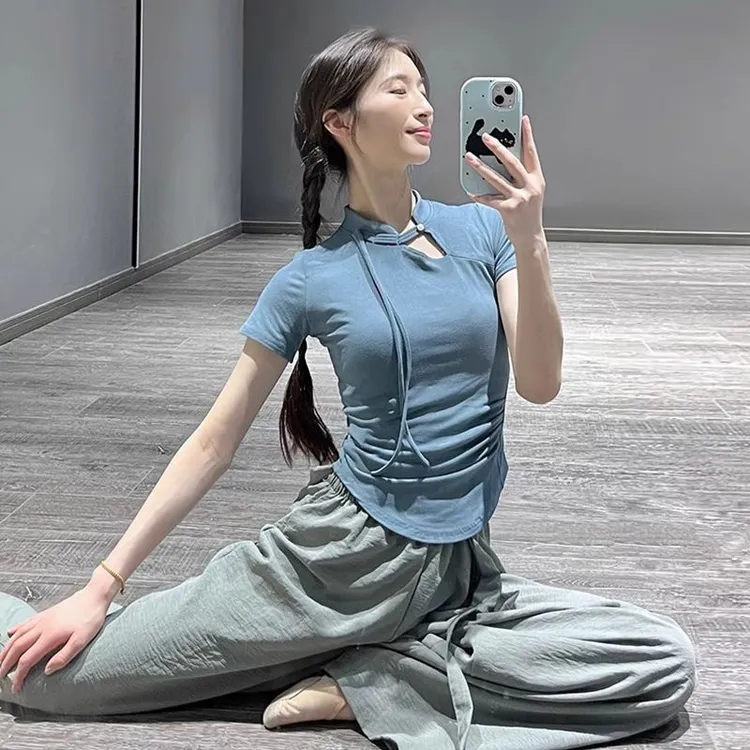 古典舞蹈服女新款短袖上衣旗袍立领中国舞形体服修身现代舞练功服