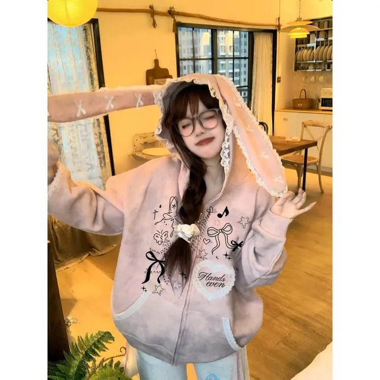 HandSeven外套女款爆款2025新款卡通蕾丝连帽休闲卫衣春秋款女