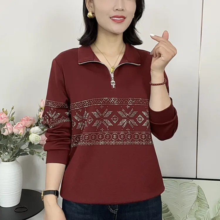 秋季翻领长袖打底衫烫钻欧韩气质上衣中老年女装休闲装上衣外出