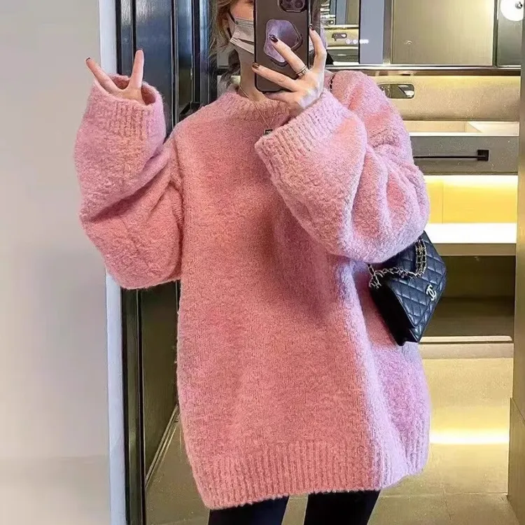 大码胖MM圆领毛衣女春秋软糯慵懒风宽松显瘦遮肚中长款针织衫上衣