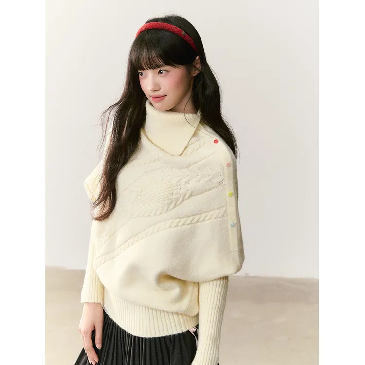【独自美丽】设计感慵懒绞花彩扣斗篷毛衣上衣女22997#