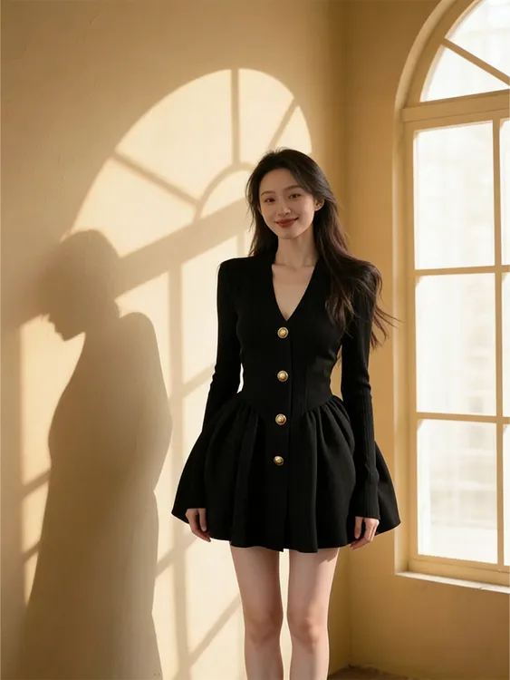 法式纯欲轻奢轻熟风V领针织连衣裙女小个子收腰显瘦千金感A字短裙