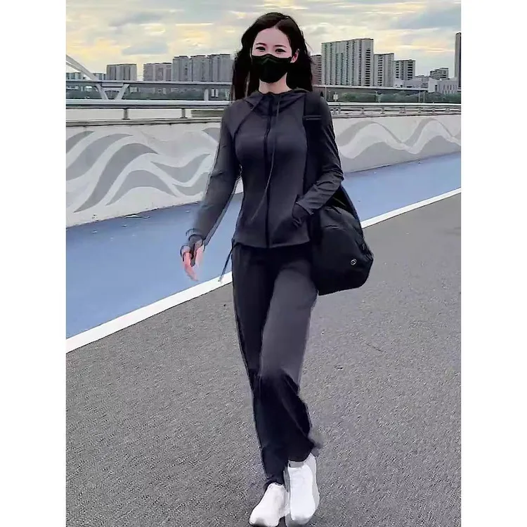 流行今年漂亮2025早秋女通勤休闲运动收腰潮黑色上衣套装长裤茶歇