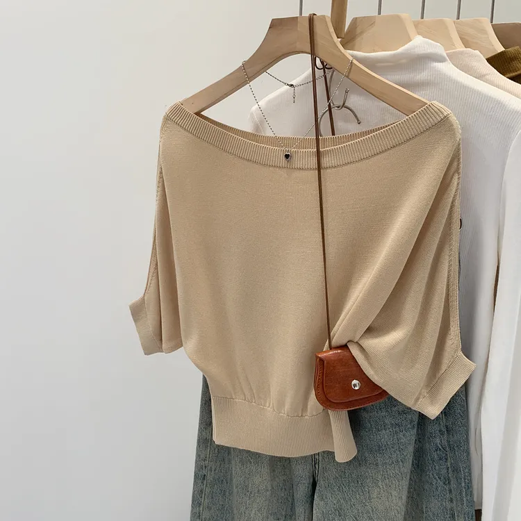 【部分现】天丝法式高级感斜肩短袖针织衫2025夏新款气质上衣M1380