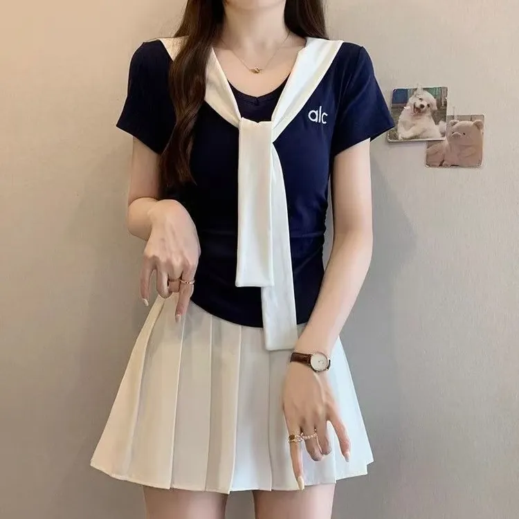 2025夏季新款休闲撞色V领时尚接披肩短袖T恤女修身显瘦百搭女上衣