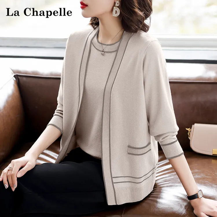 拉夏贝尔妈妈长袖外套中年女秋装针织开衫中老年春秋上衣两件套装