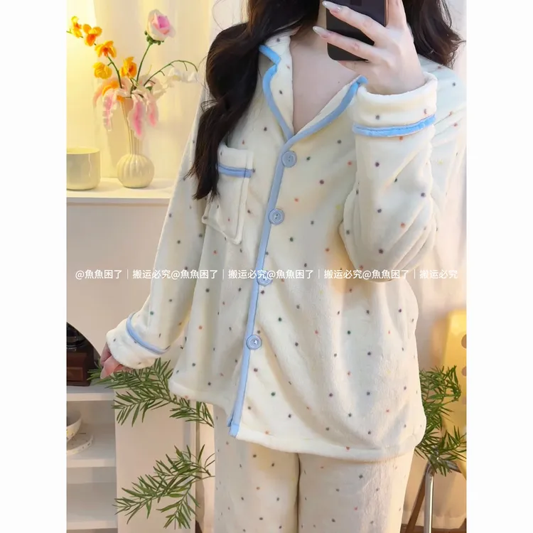 【波点暖暖】秋冬新款法兰绒甜美少女睡衣套装长袖长裤保暖家居服