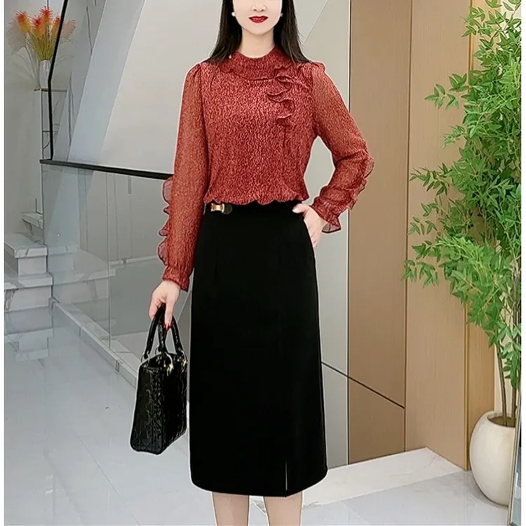 春季新款时尚拼接收腰显瘦假两件红色碎花荷叶边黑色连衣裙