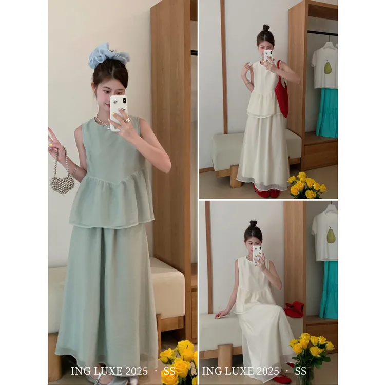 ING-小清新网纱拼接无袖背心小衫+高腰垂感半身裙两件套套装15571