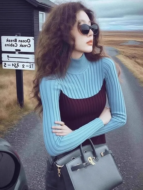 韩系慵懒风撞色拼接高领毛衣女秋冬针织打底衫女内搭修身显瘦上衣