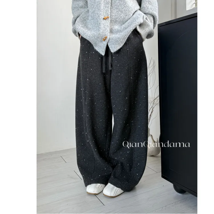 芊芊大码爆闪裤加绒加厚遮肉阔腿裤子慵懒风【251220-8008】