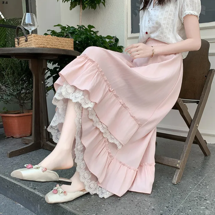 淳启时尚不规则设计感半身裙女夏季蕾丝拼接半裙垂坠感大摆百褶裙