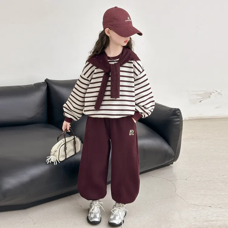 女童秋季条纹卫衣套装2025新款儿童春秋洋气时髦女大童秋装两件套