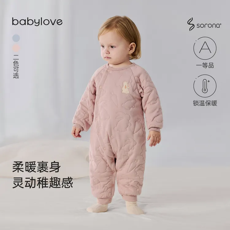 babylove婴儿连体衣秋冬季宝宝夹棉保暖哈衣爬服纯色加厚棉袄棉服