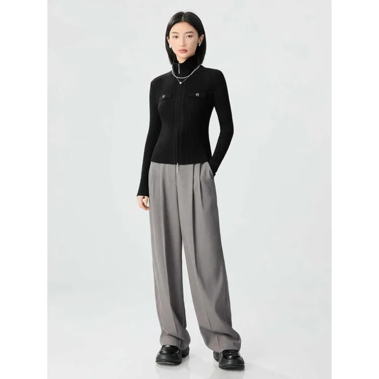 哥家商场同款秋季新款修身双头拉链羊毛针织衫开衫女高级感外套