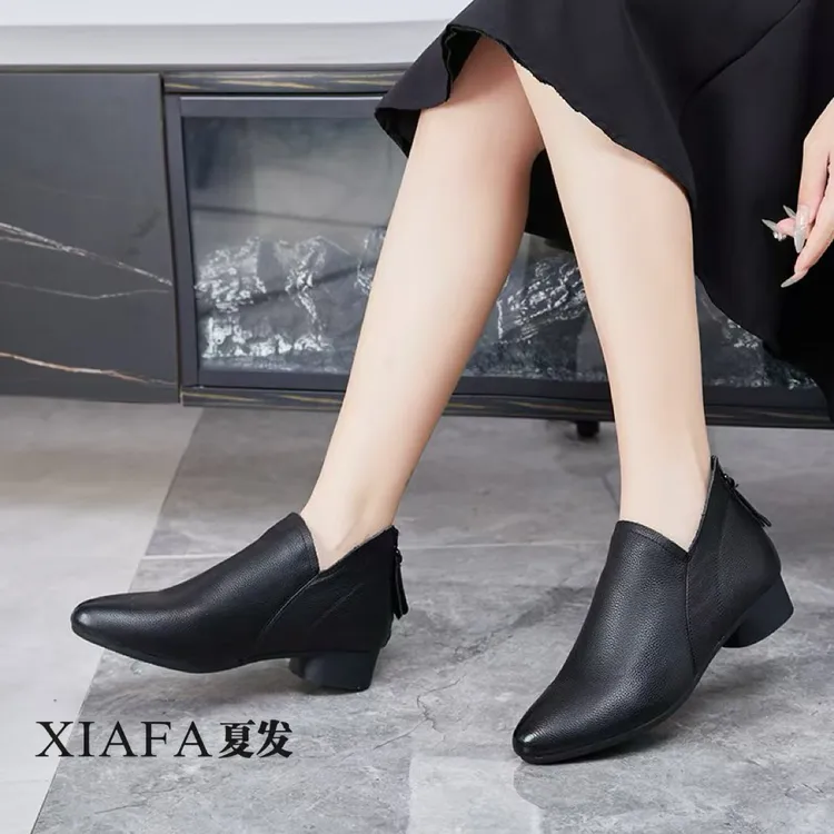 夏发真皮女士裸靴2025秋冬新款低跟尖头女靴加绒百搭舒适休闲春秋