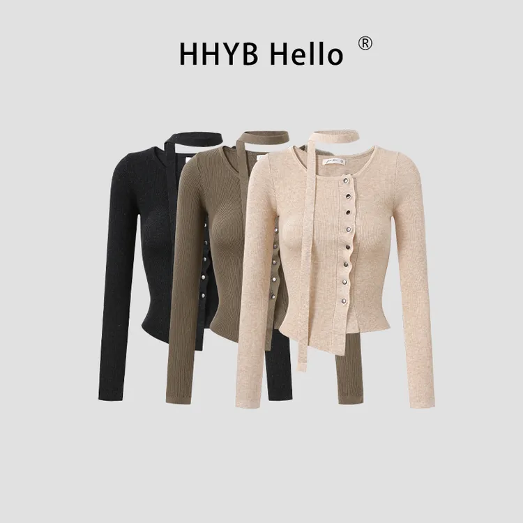 HHYB Hello2025秋不规则侧门襟圆领针织衫挂脖飘带设计上衣M1285
