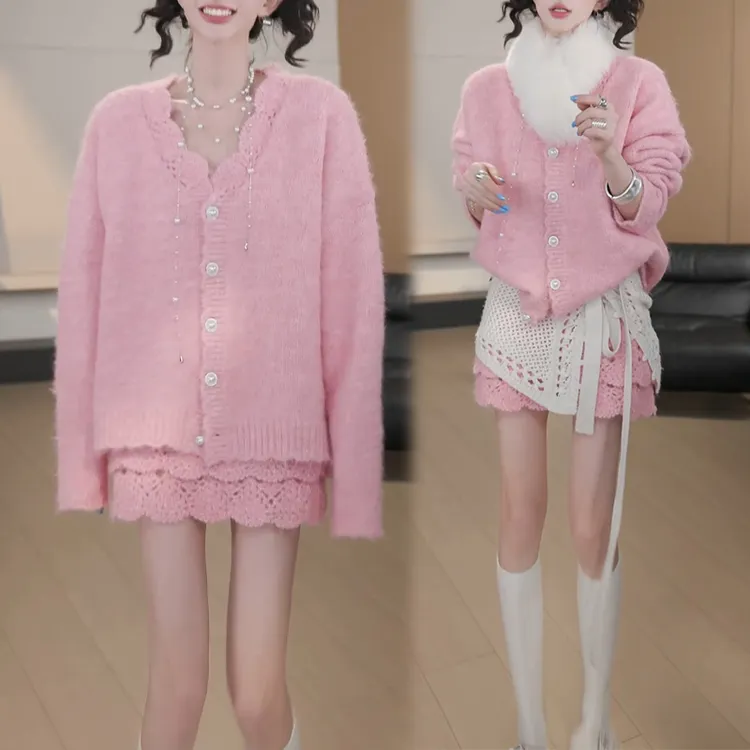 【日落唱片】小香风套装女秋冬针织开衫毛衣蕾丝半身裙两件套