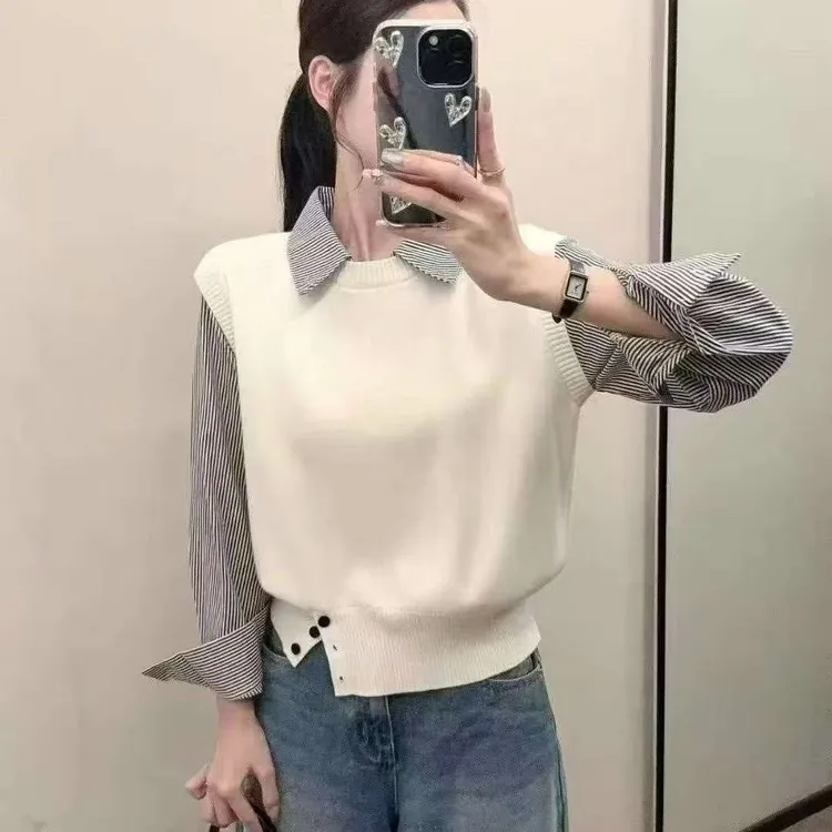 假两件条纹长袖拼接针织衫女2025年春秋季新款下摆纽扣毛衣女H707