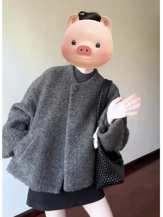 大码胖mm韩系极简风灰色毛呢大衣外套女秋冬季高级感显瘦宽松上衣