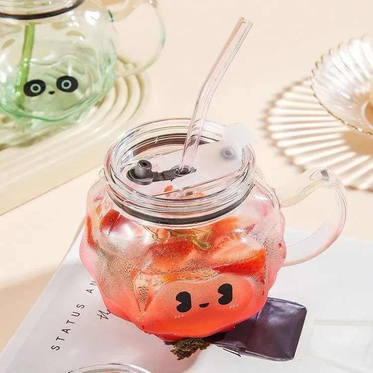 跨境玻璃吸管杯透明榴莲杯水杯子带盖带吸管的玻璃杯耐热高硼硅