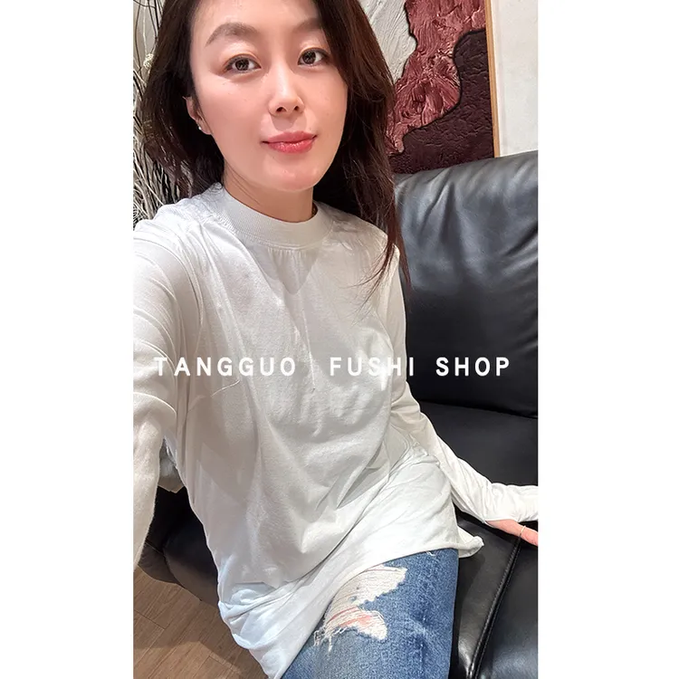 纯色圆领白色T恤长T『设计师款』修身百搭秋冬内搭长袖复古港风大T