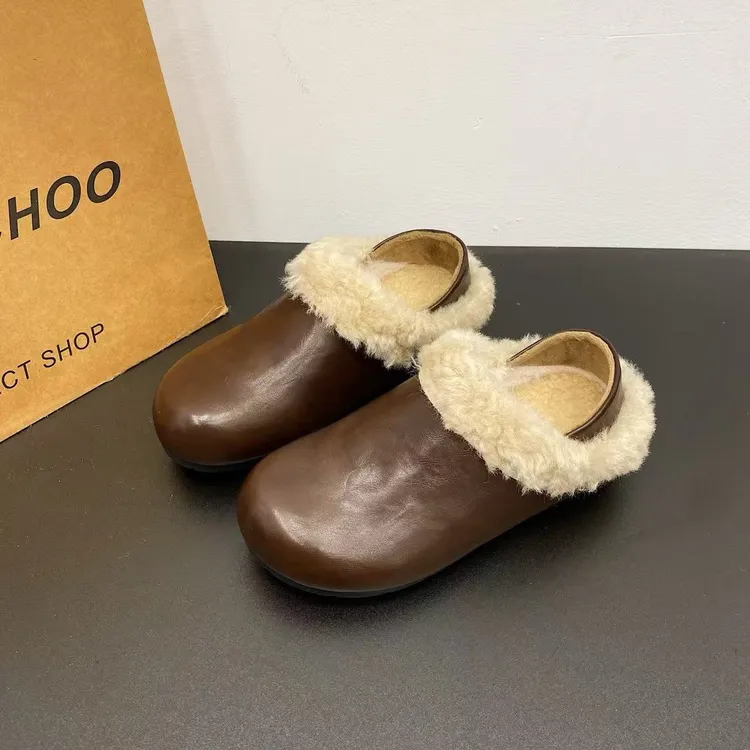 复古风加绒保暖皮面包头毛毛拖鞋女外穿冬季勃肯鞋修面1177-06