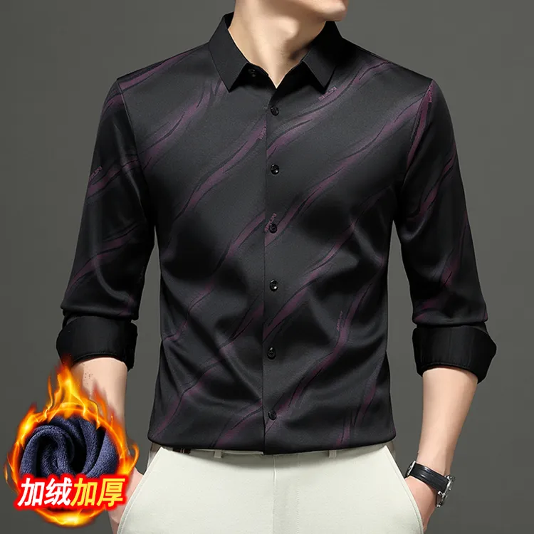 【保罗恺帝龙】柔丝贡缎面料加绒加厚数码印花无痕衬衫