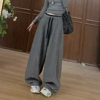 【LLU李】冬季新款松紧腰加厚加绒呢料阔腿裤休闲裤 LLU-17531311