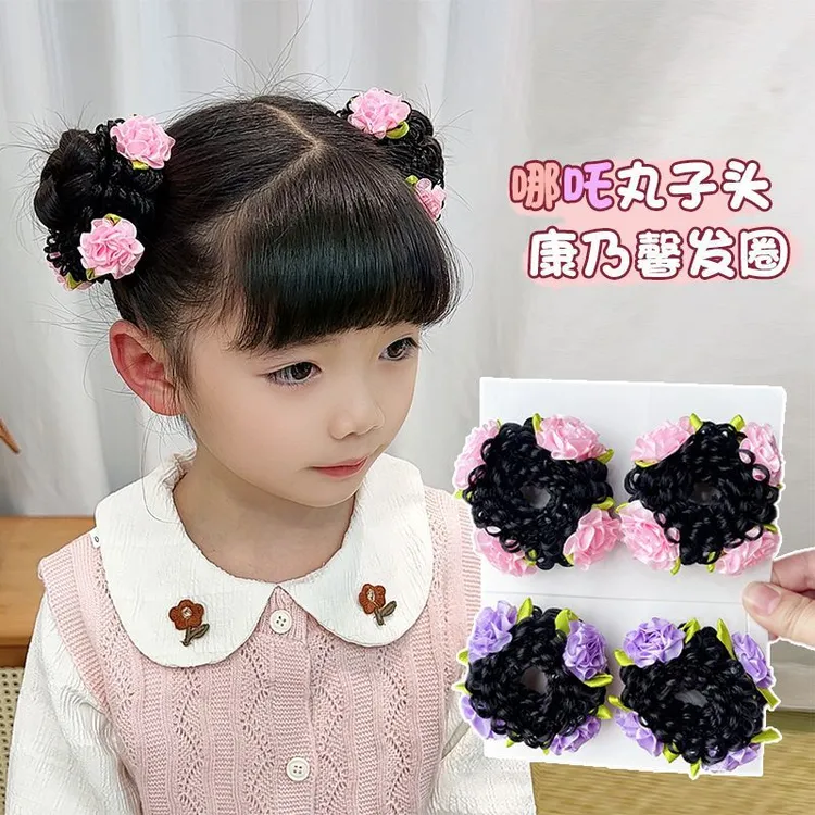 【梦蜜】女童春夏哪吒花苞丸子头康乃馨花朵发圈花盘头发假发圈发饰