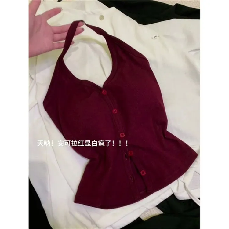 港风复古辣妹穿搭酒红色挂脖带胸垫吊带背心女夏季外穿无袖小上衣