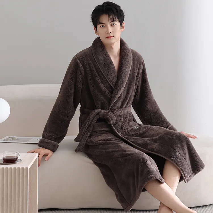 睡袍男秋冬款珊瑚绒加绒保暖睡衣冬季法兰绒加厚浴袍中长款家居服