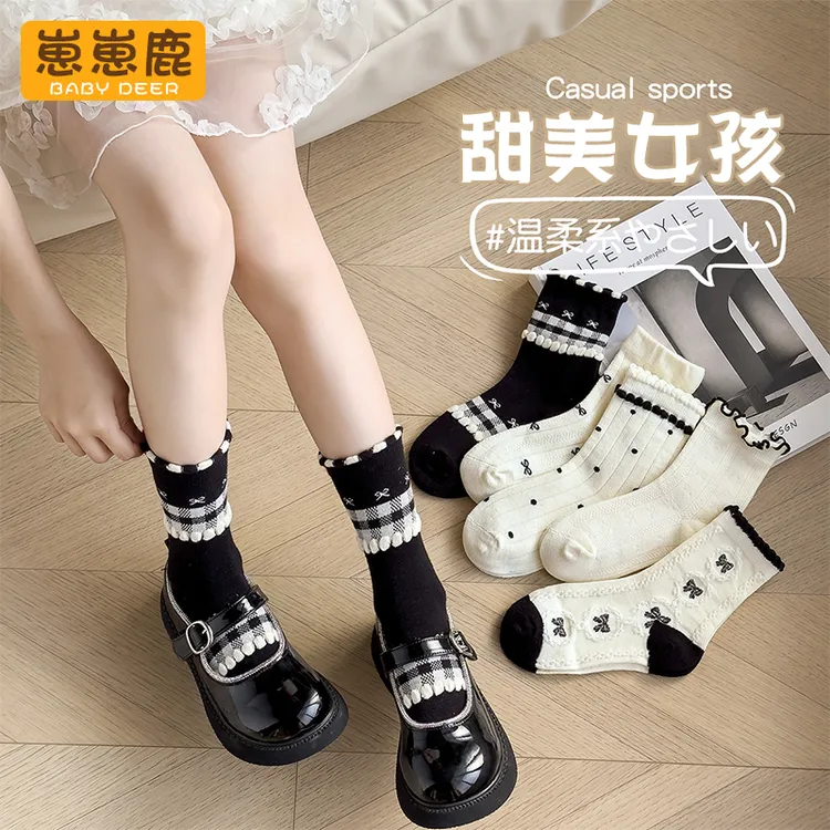 女童袜子春夏韩系黑白甜美儿童蝴蝶结高颜值春秋薄款中筒袜配皮鞋