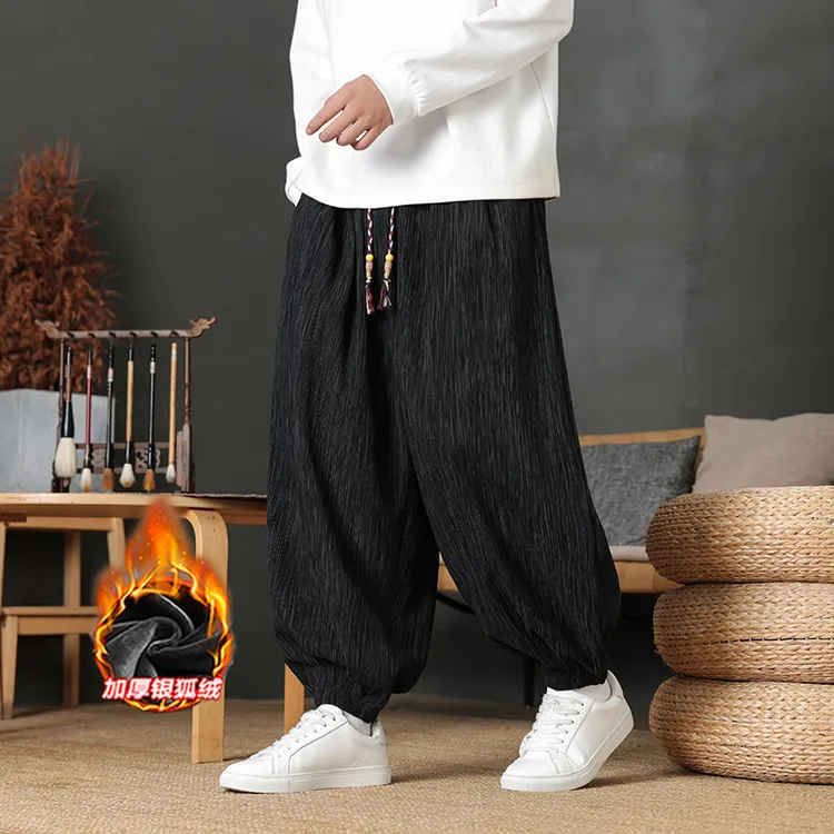 中国风男装灯芯绒裤子冬季加绒加厚宽松阔腿裤复古束脚灯笼休闲裤