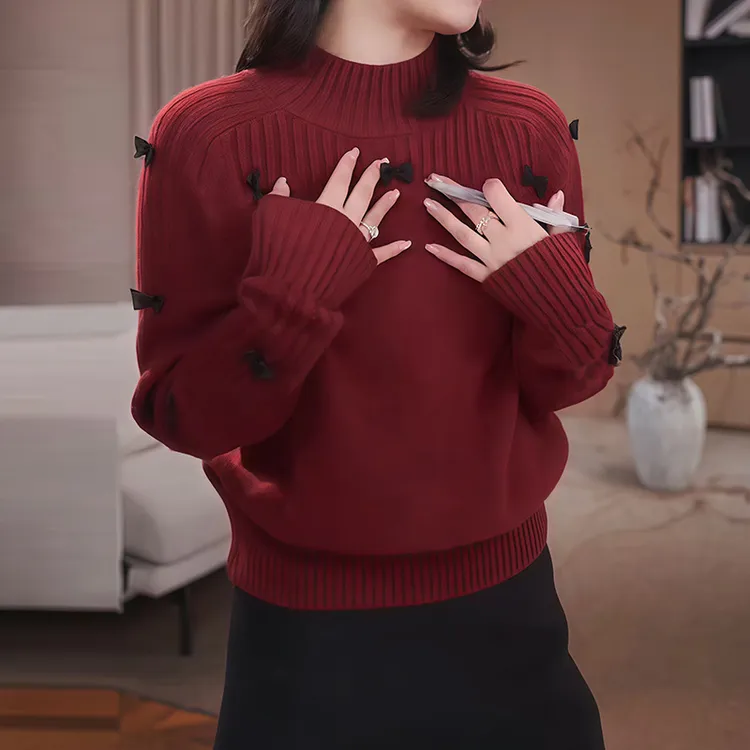 小领结洋气减龄时尚高级圆领毛衣针织衫女冬款设计感时髦潮流上衣