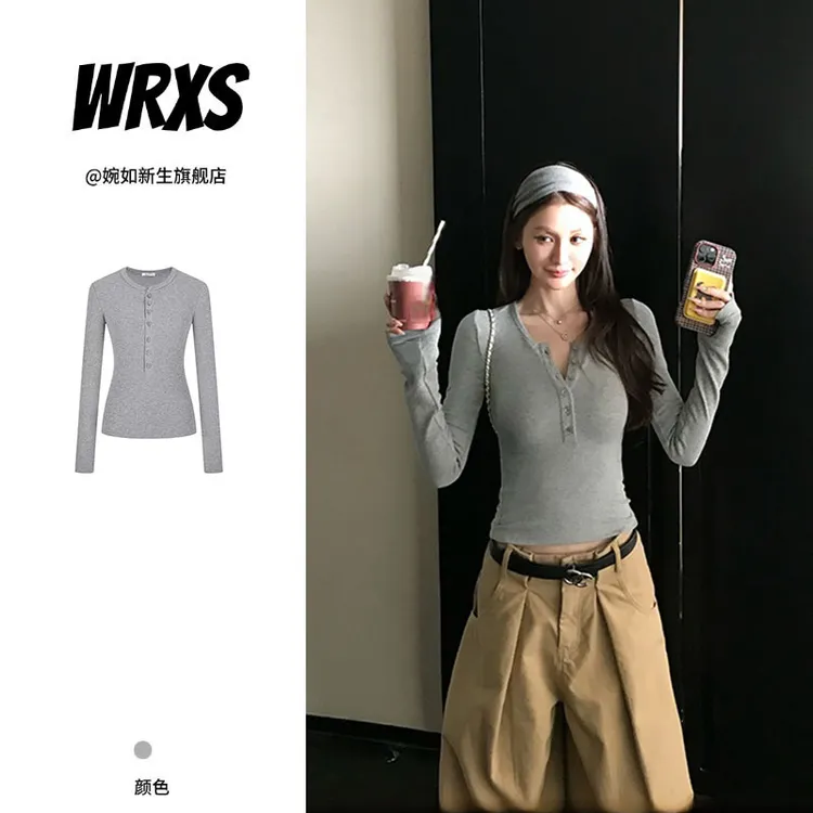 【婉如新生】韩系灰色纽扣半开领长袖t恤女2025新款修身温柔内搭上