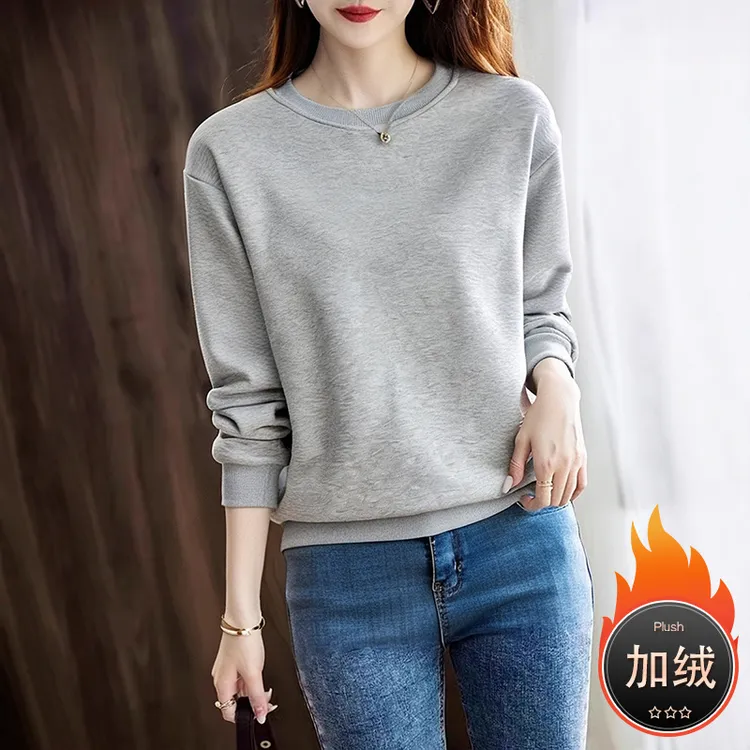 纯棉宽松秋冬韩版圆领卫衣女新款套头长袖外套百搭休闲大码上衣女