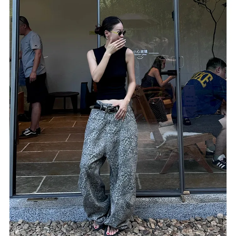 美式复古豹纹弯刀牛仔裤女秋季高腰宽松直筒阔腿拖地梧桐镰刀裤子