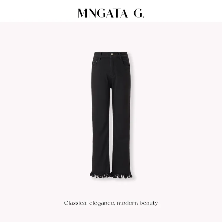 MNGATA G.宫小妍  加绒流苏小黑裤 九分水洗显瘦牛仔裤5103055