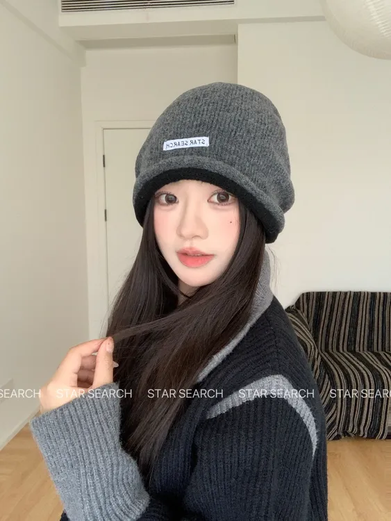韩系百搭灰色针织毛线帽女秋冬冷帽大头围保暖帽子卷边拼色堆堆帽