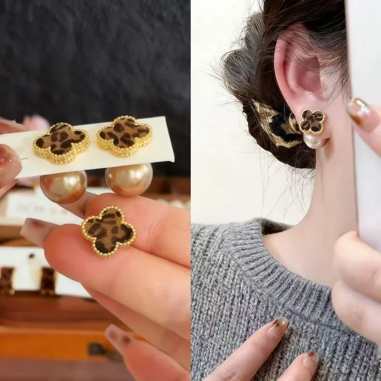 轻奢豹纹幸运草珠珠一款两戴耳环2025新款爆款高级感耳钉时尚饰品