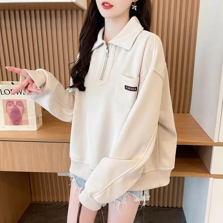 小个子短款半拉链polo领长袖卫衣女休闲百搭秋冬季薄款加绒上衣服
