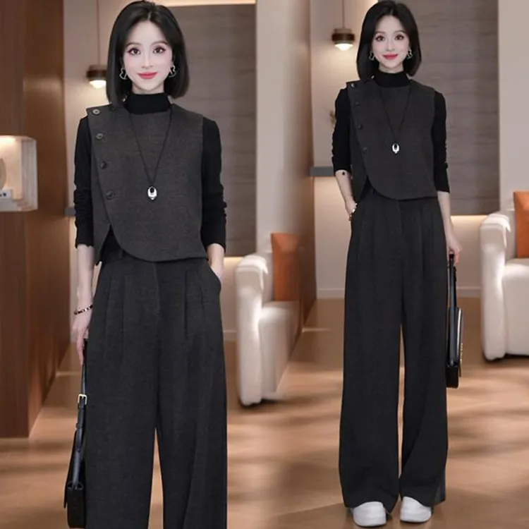 时尚套装女2025秋季新款洋气显瘦马甲打底衫直筒阔腿裤气质三件套