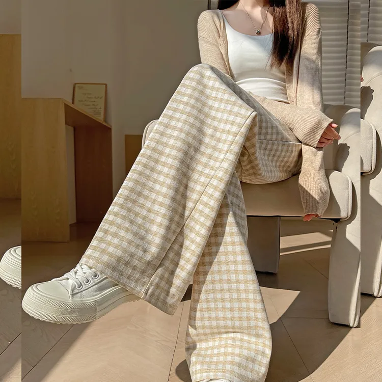 杏色格子裤复古春秋拼接小个子梨型身材垂感窄版阔腿裤子直筒长裤