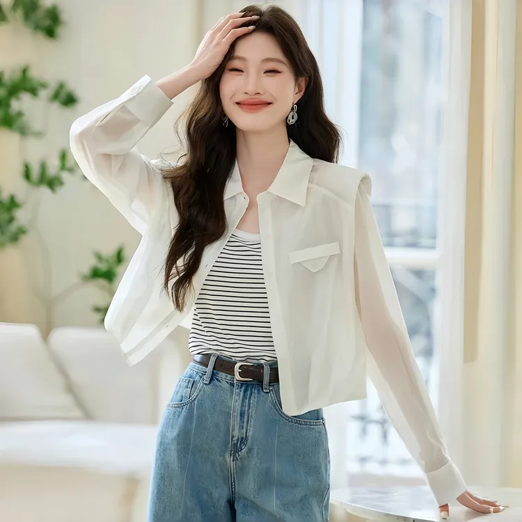 2025春夏新品气质时尚设计感垫肩polo领衬衫女高腰短款防晒衬衣