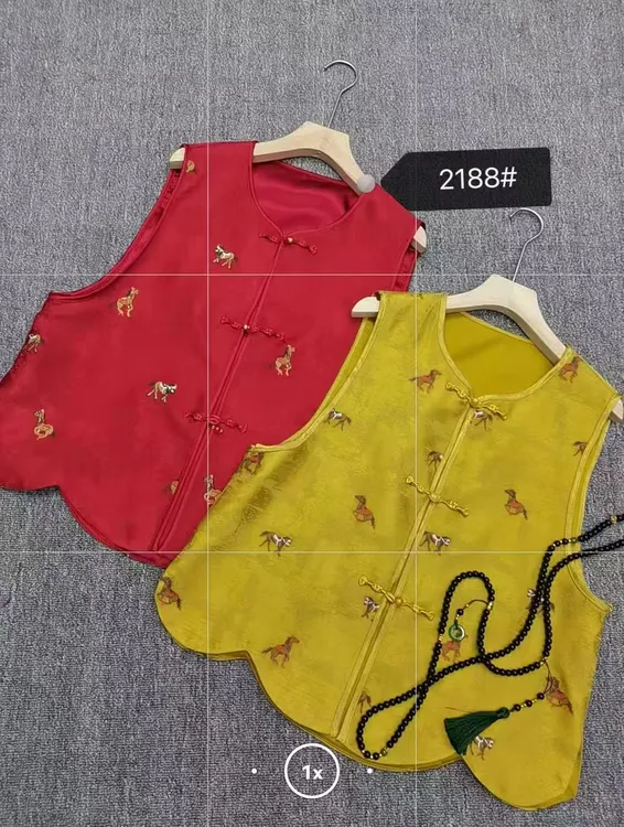 真丝马夹时尚复古上衣女士红色薄款中国风唐装重工立体刺绣马甲