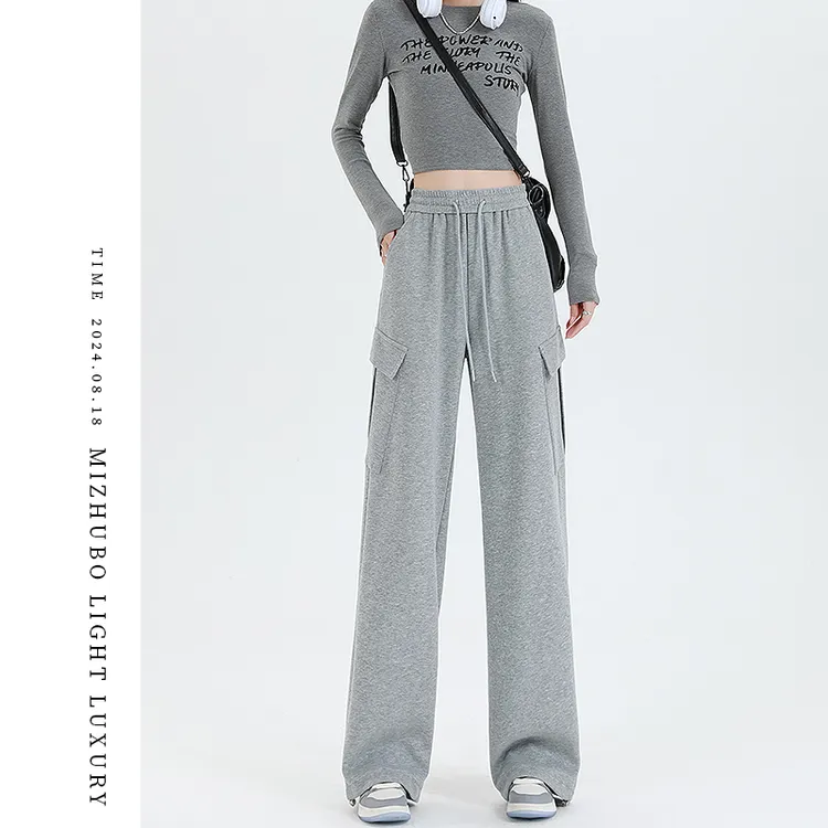 灰色美式工装裤女款2025新款春秋阔腿休闲宽松直筒高腰运动长裤子